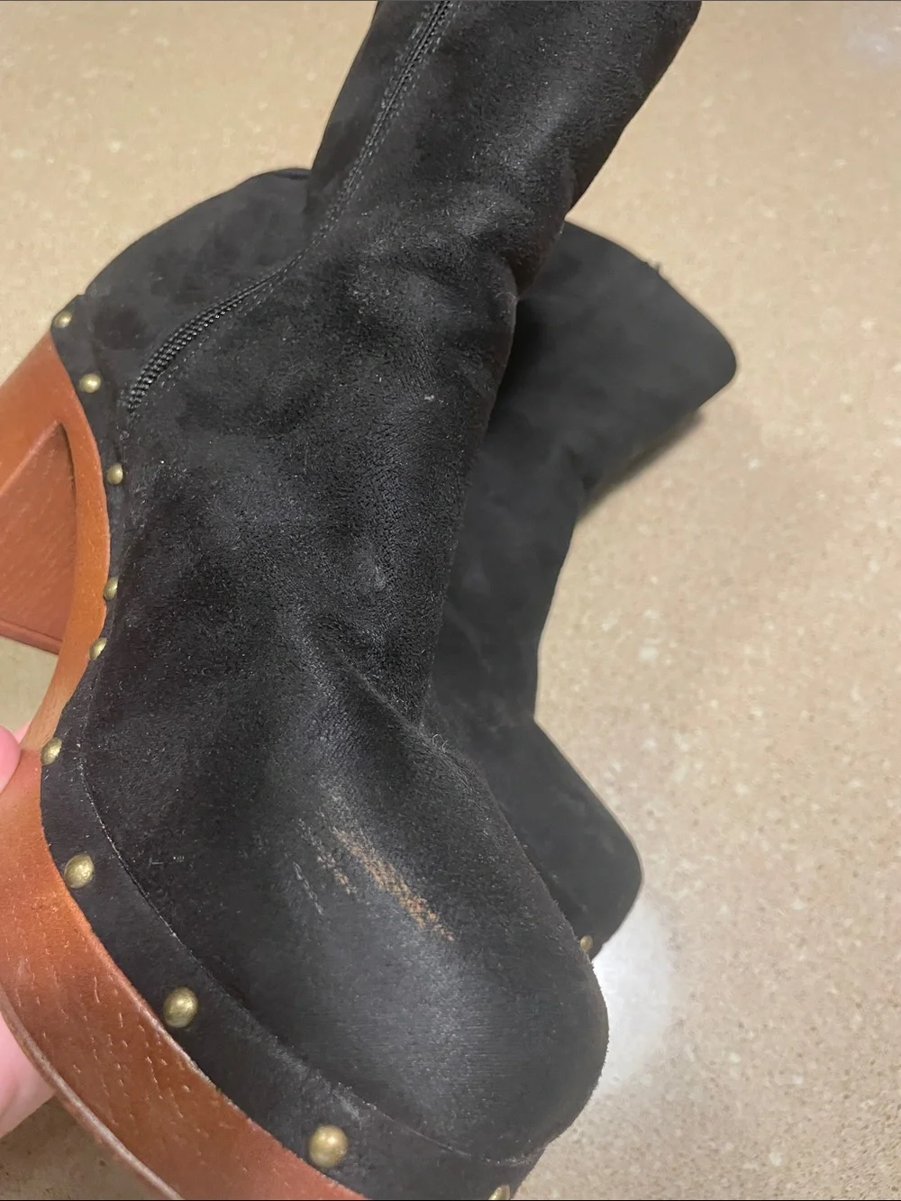 New York & Company Black Suede Platform Ankle Boots with Wood-Effect Block Heel